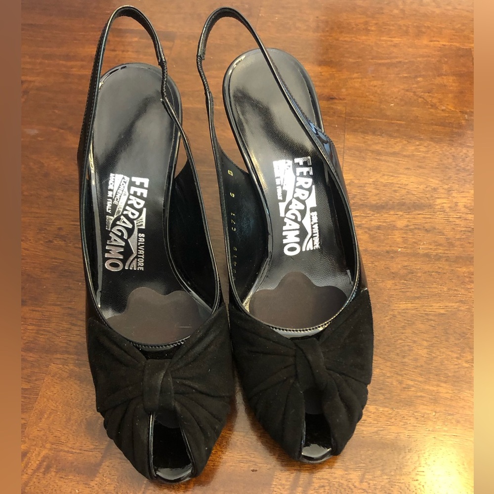 Salvatore Ferragamo Black Suede Peep Toe Slingback Shoes Sz. 6